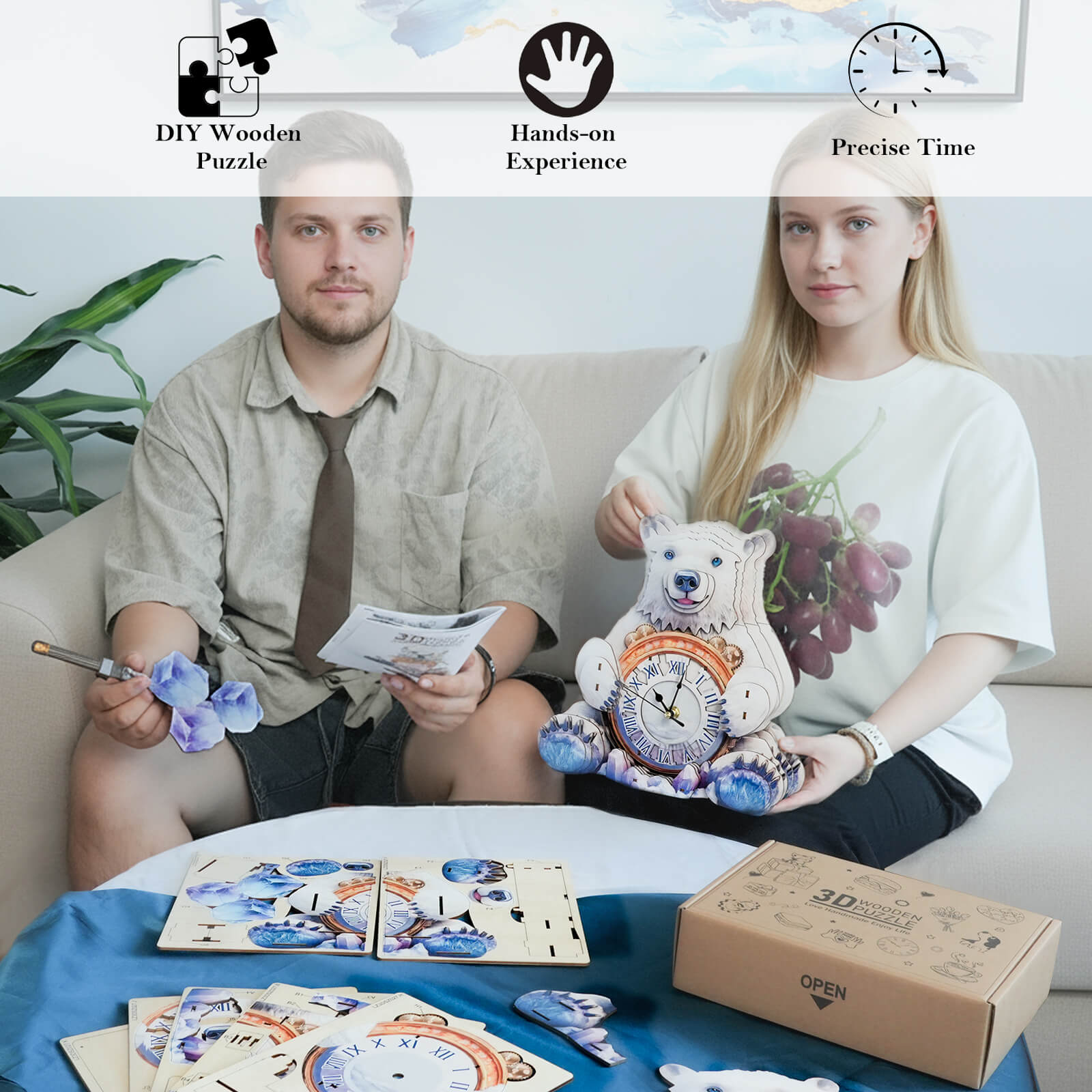 Polar bearsâ€“ DIY Wooden Clock, 3D Puzzle Craft Kit