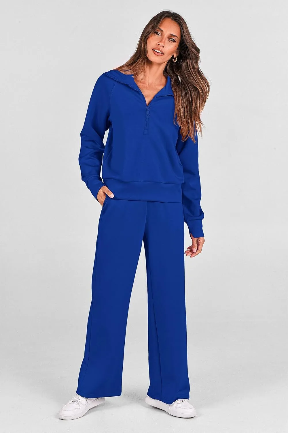 🔥Final Day Clearance!🛒Women's 2 Piece Outfits Casual Lapel Half Zip Sweatshirts And Wide Leg Pants Tracksuit Sets