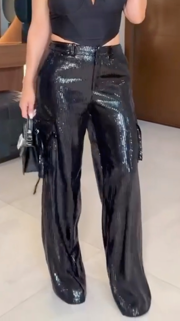 Women's Sequined Multi-pocket Straight Leg Pants
