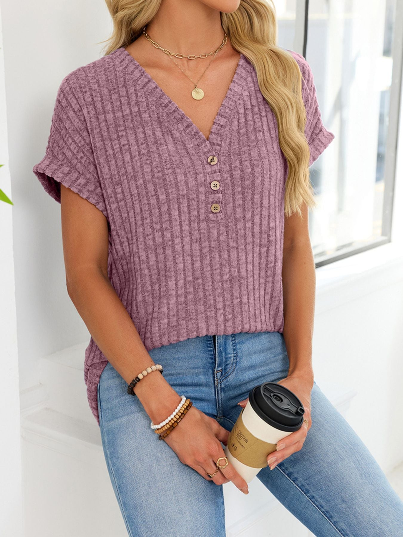 Ribbed Knit V-Neck T-Shirt