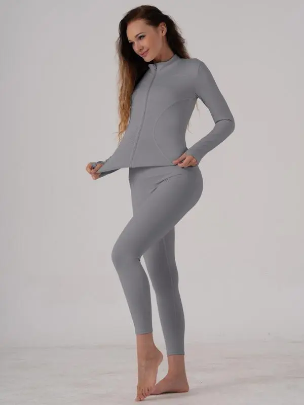 Women's Solid Sports Jacket & Leggings Two-piece Set