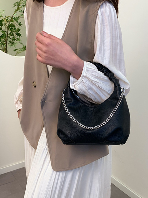 Chains Pleated Solid Color Zipper Handbags Crossbody Bags