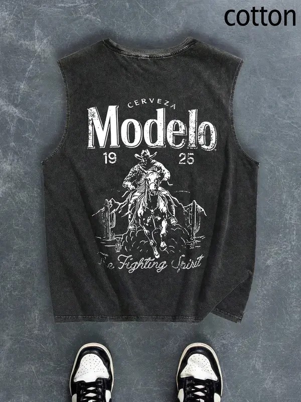 Men’s Cartoon Cowboy Graphic Tank Top – Casual Sleeveless Cotton Shirt for Summer