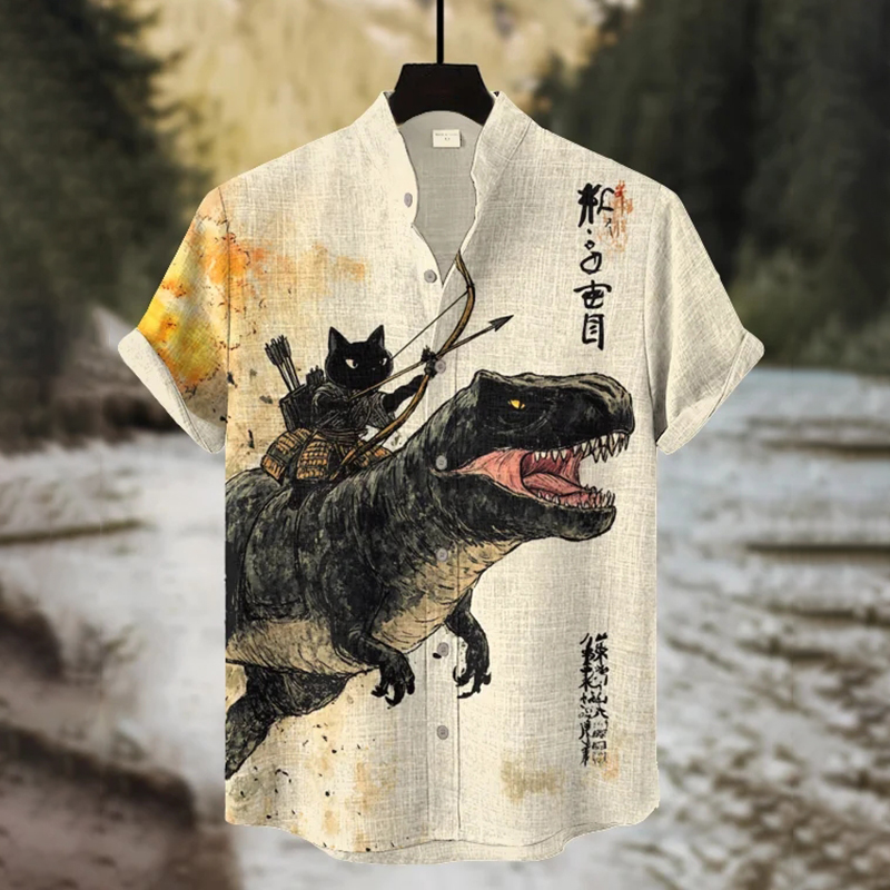 Men's Black Cat Riding A Dinosaur Art Print Casual Shirt