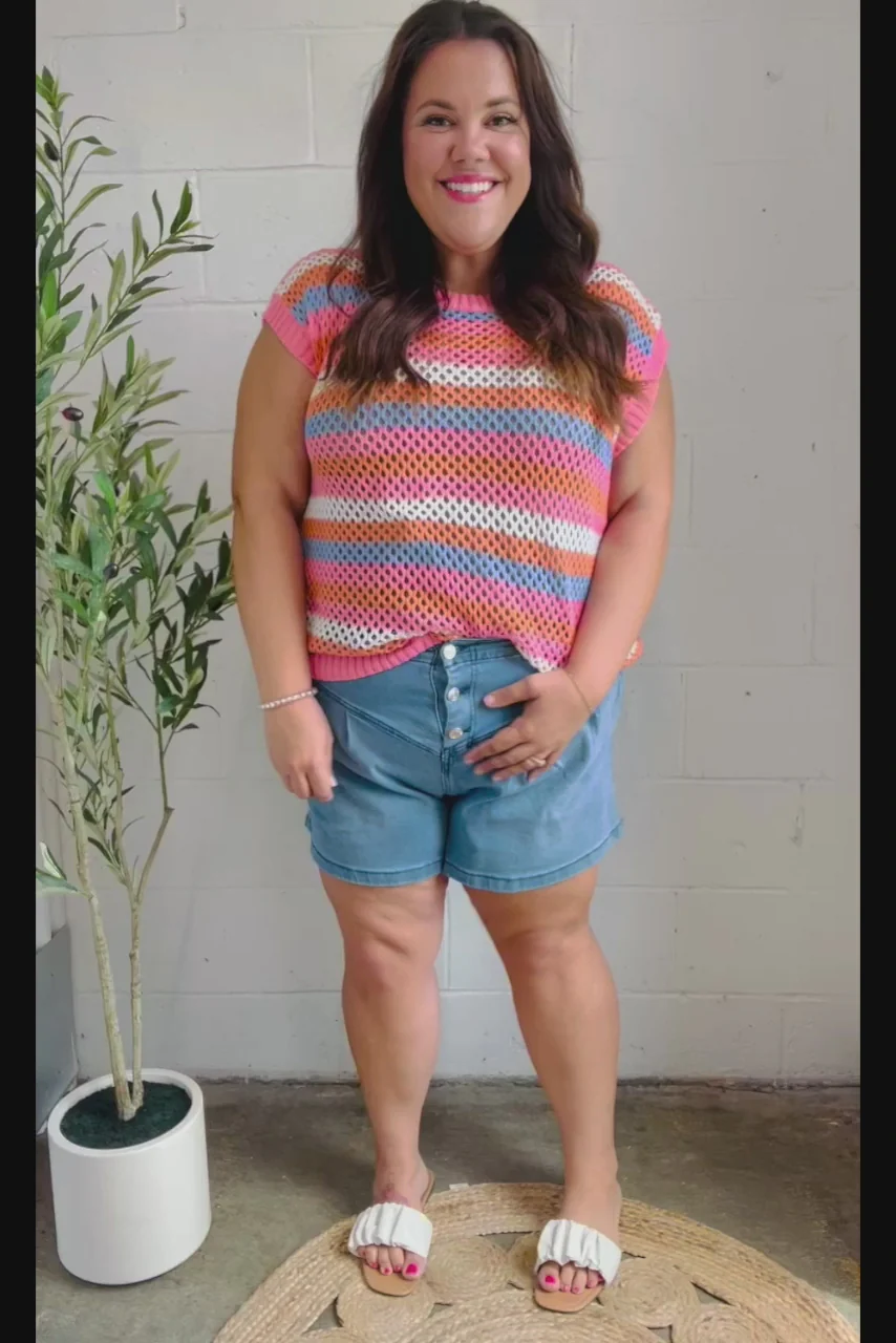 Faded Blue High Rise Pleated Button Down Denim Shorts