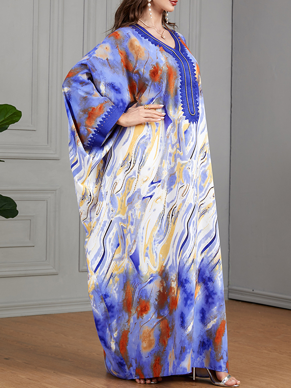 Contrast Color Muslim Printed Split-Joint Batwing Sleeves Loose V-Neck Muslim Abaya Maxi Dresses