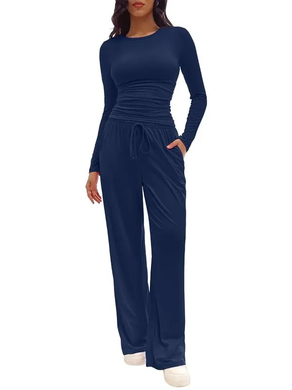 Women's Solid Ruched Tee & Drawstring Pocket Pants Lounge Set