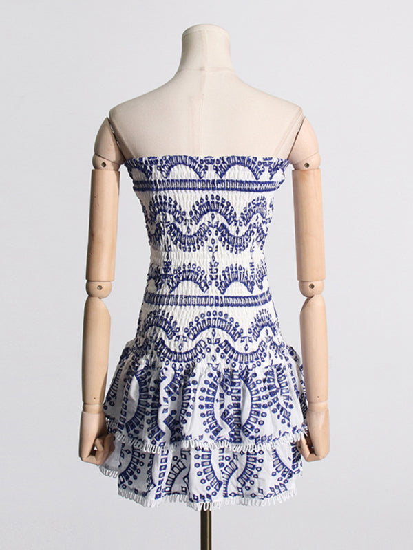 Embroidered Tube Top Dress With Hollow Ruffles And Stitching Design A-Line Skirt