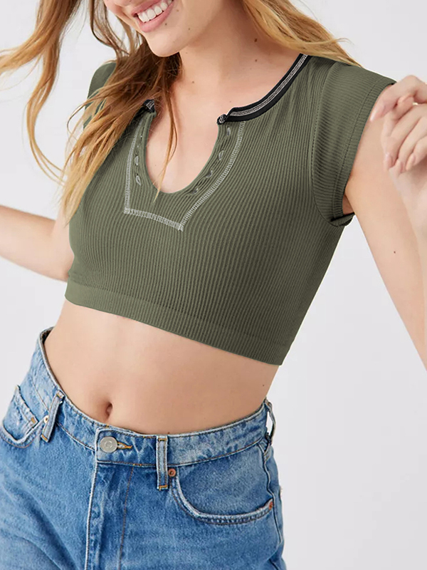 Split-Joint Cap Sleeve Skinny Deep V-Neck Vest Top