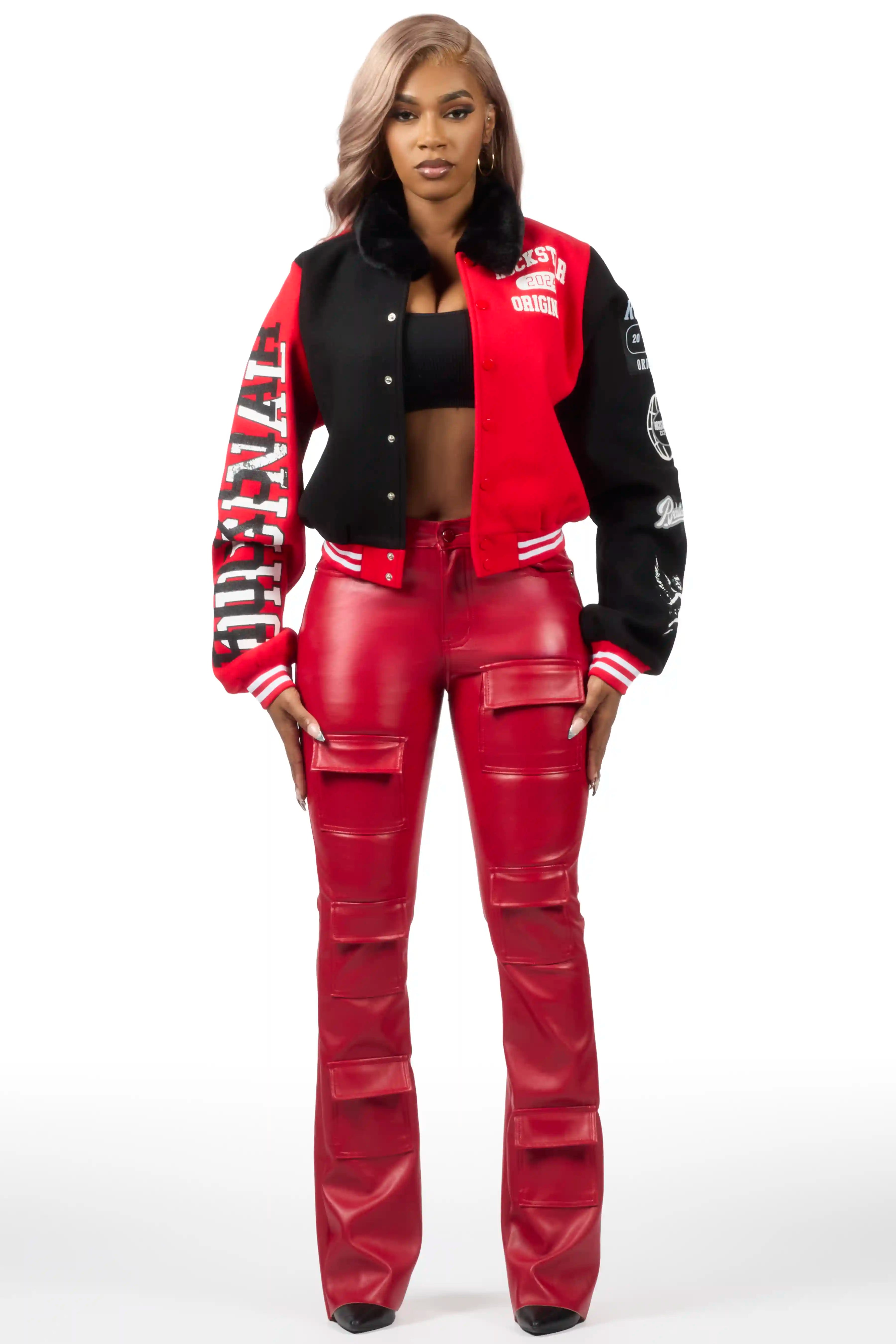 Kisha Black/Red/White Fur Collar Varsity Jacket
