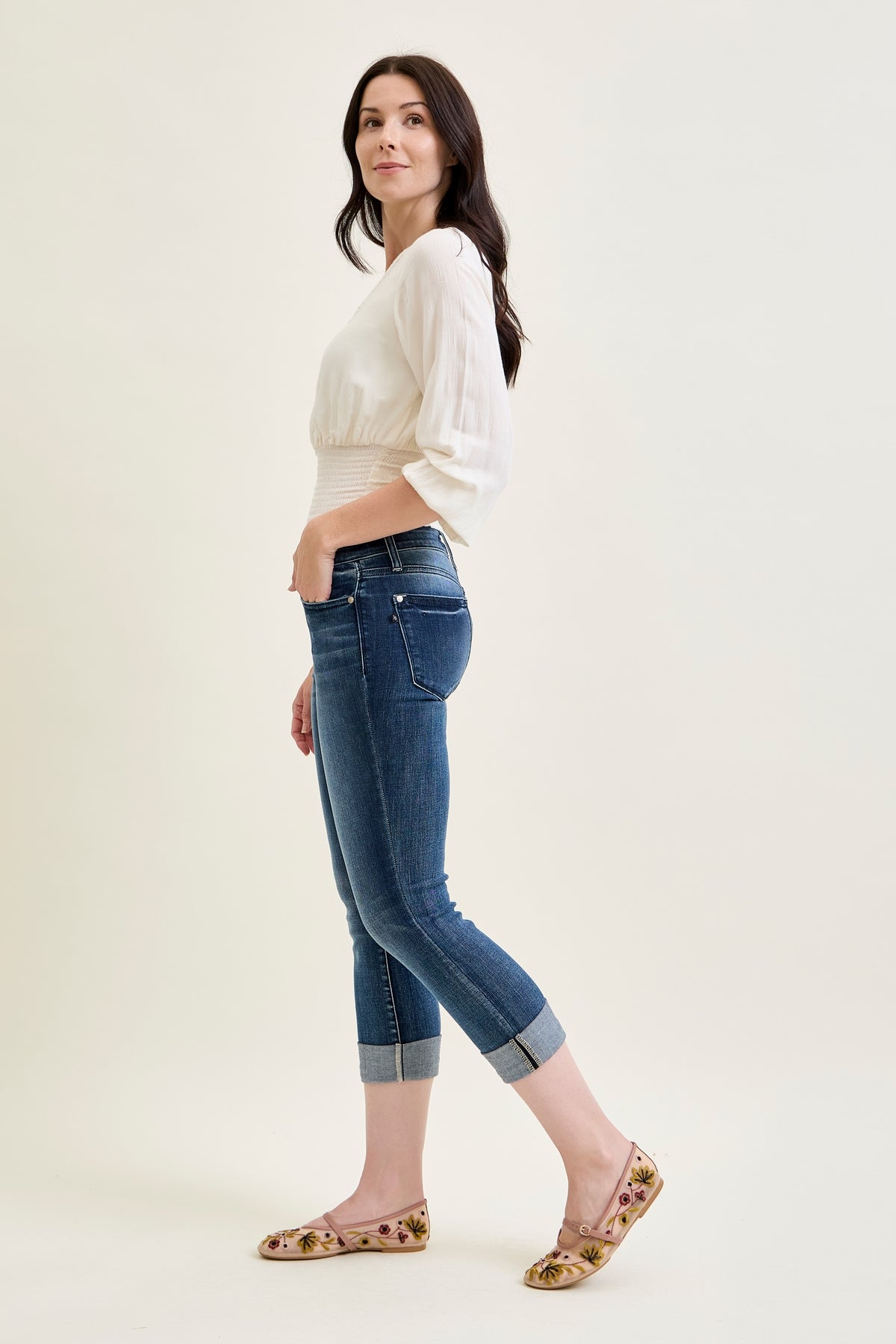 Maddy Mid Rise Dark Wash Cuffed Capri Jeans