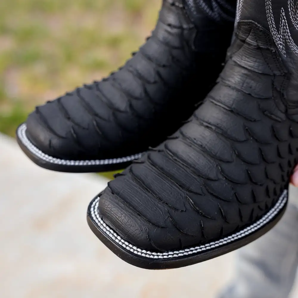 Matte Black Jumbo Python Leather Boots - Square Toe