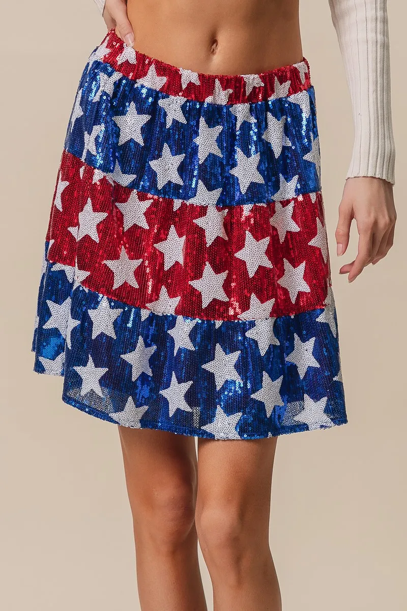 American Flag Theme Star Sequin Tiered Skirt