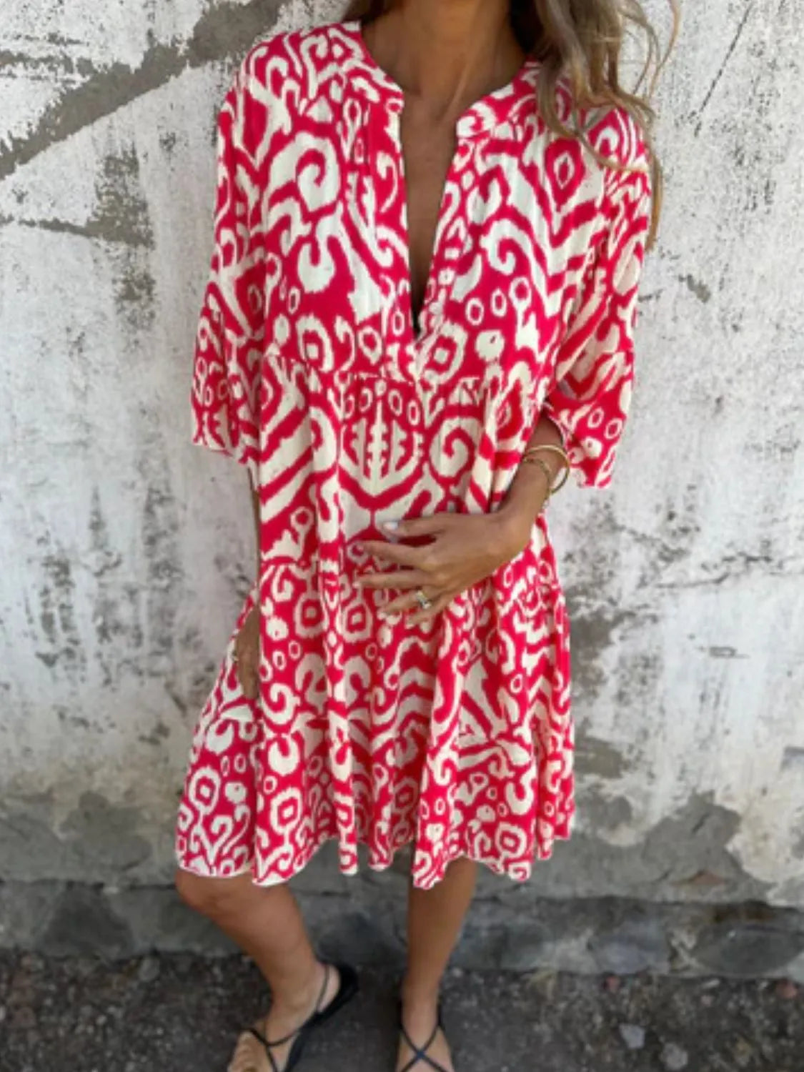 Plus Size Ethnic Print Notched Half Sleeve Midi Dress