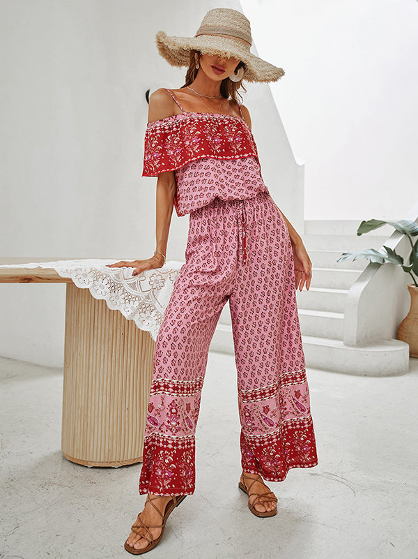 Women Wide Leg Floral Printed Bohemia Jumpsuit