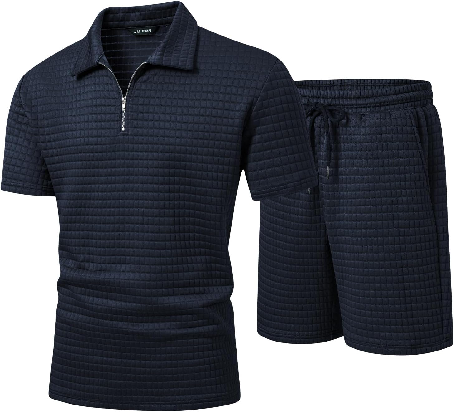 Men's 2 Piece Waffle Knit Outfit Half Zip Polo Shirt and Shorts Textured Summer Set