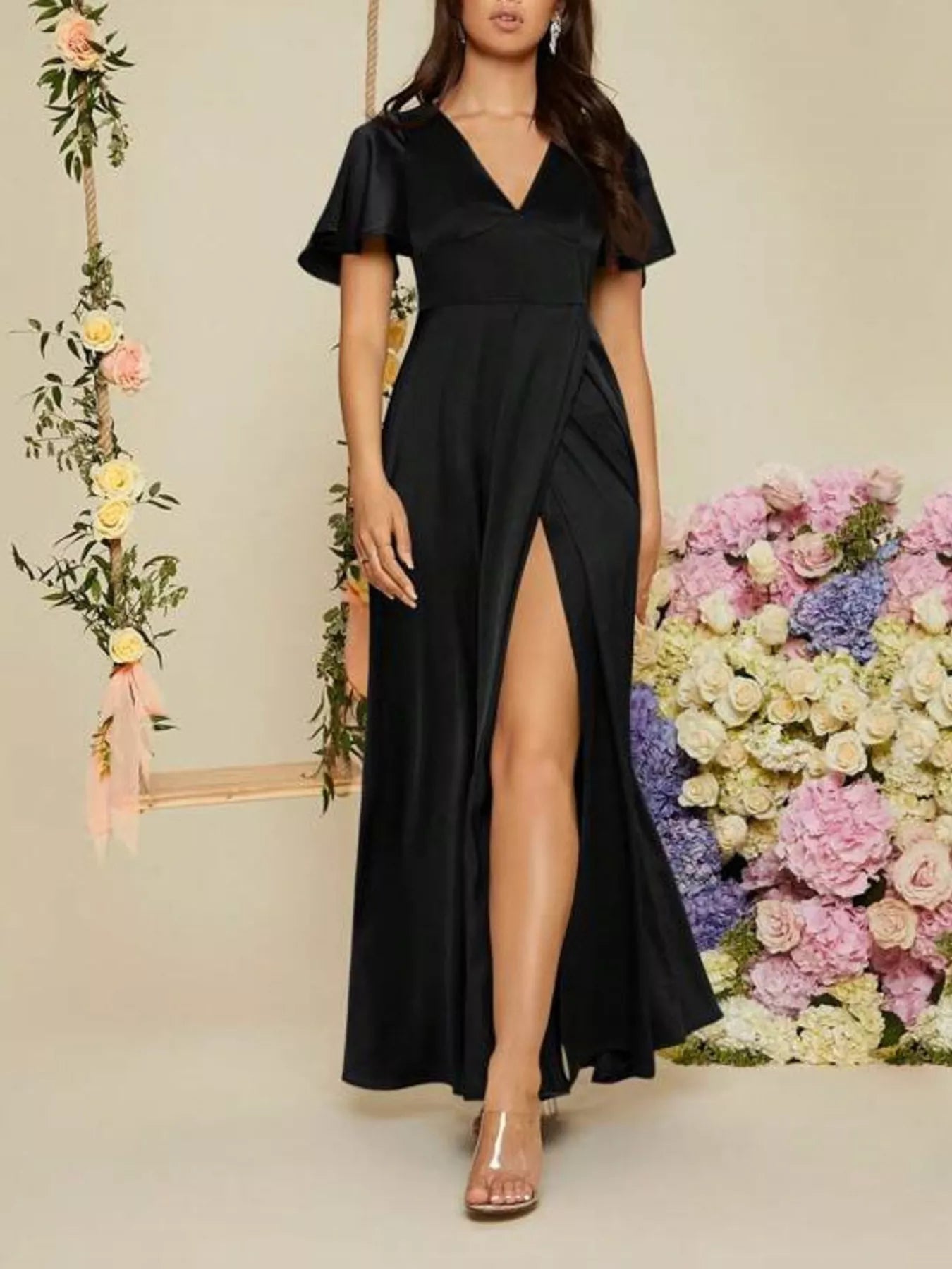 Flutter Sleeve Slit Maxi Dress