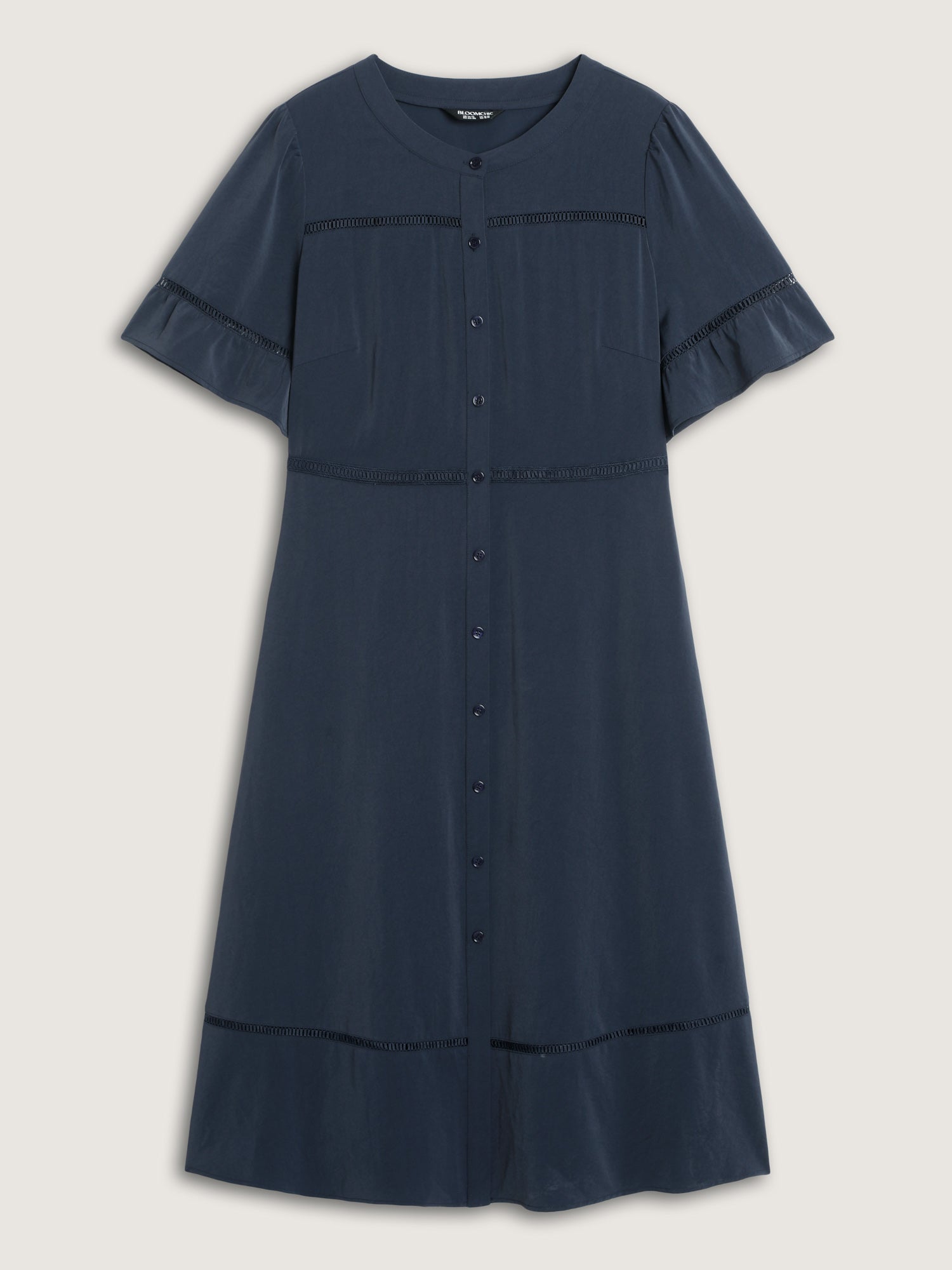Eyelet Trim Pockets Button-Placket Midi Dress