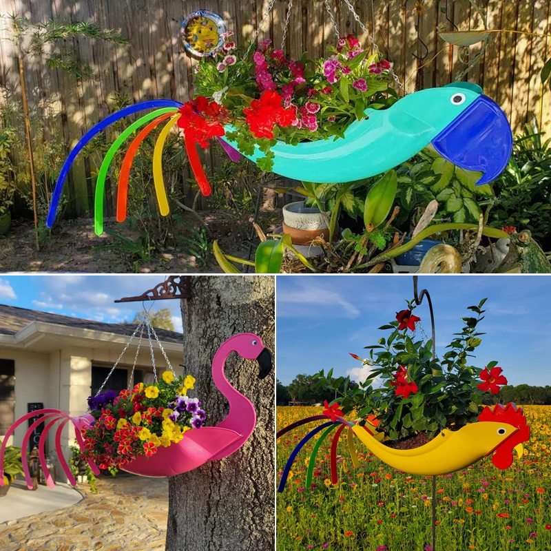 Bright Colorful Bird Hanging Planter Yard Decor
