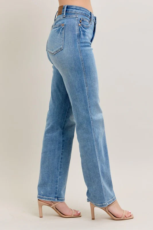 Blue Full Size Tummy Control Vintage Wash Straight Jeans Plus Size