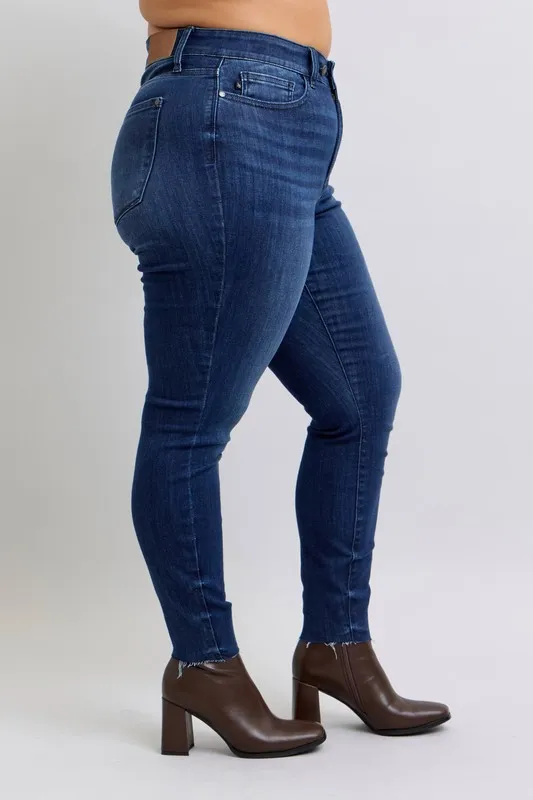 Blue Full Size Mid Rise Skinny Jeans with Raw Hem Plus Size