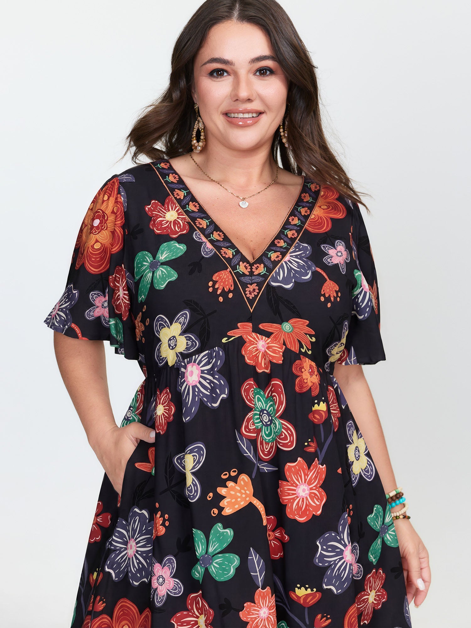 Colorful Floral Print V-Neck Mini Dress