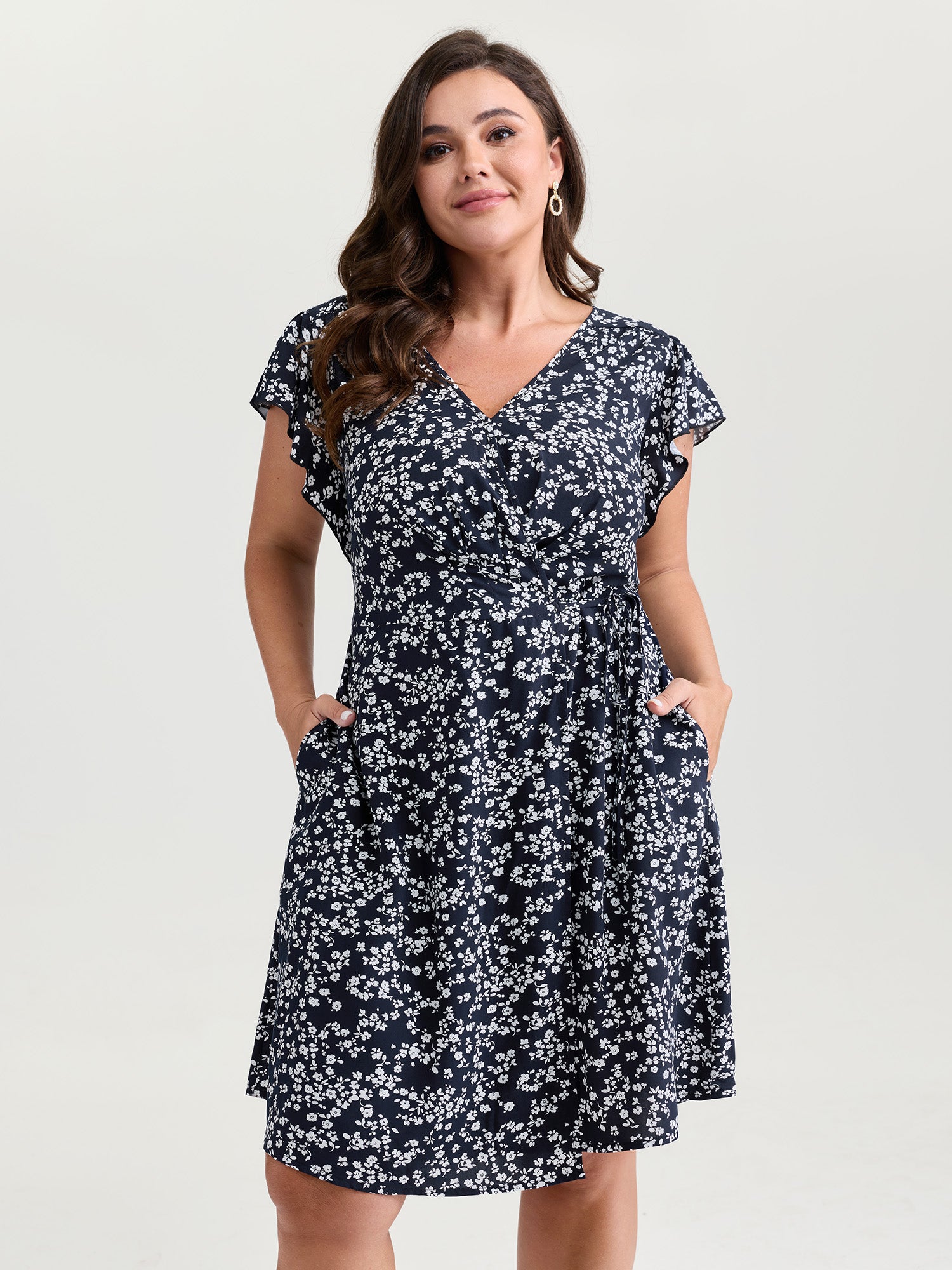 Rayon Floral Print Pleated Pockets Mini Dress