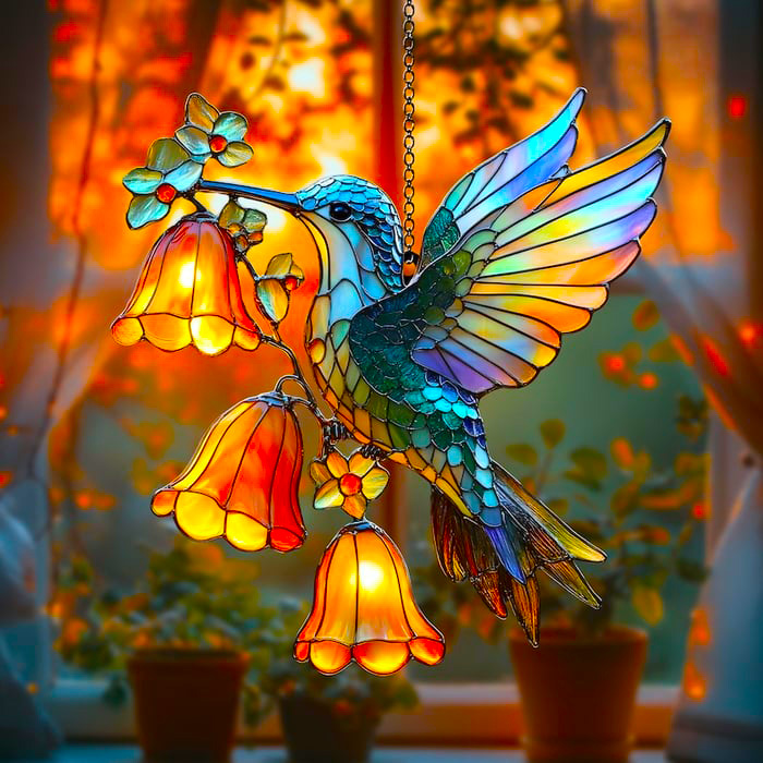 Hummingbird and Bellflower Light Catcher - Gifts for Hummingbird Lovers