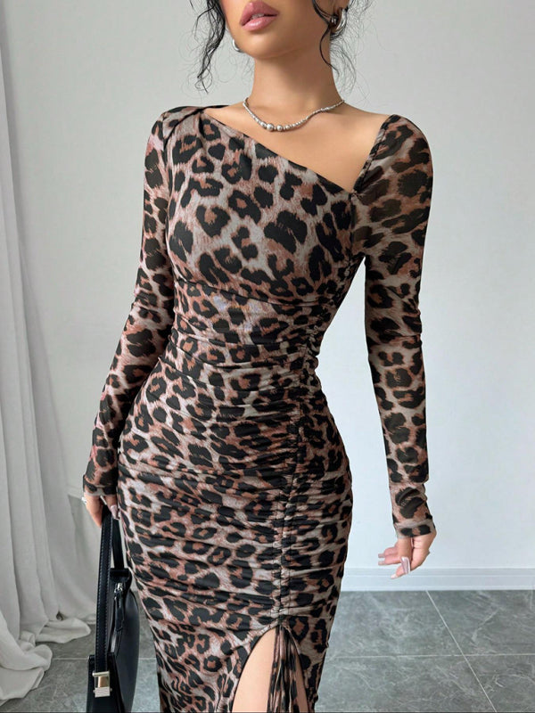 New Women's Round Neck Long Sleeve Leopard Print High Waist Hottie Dress