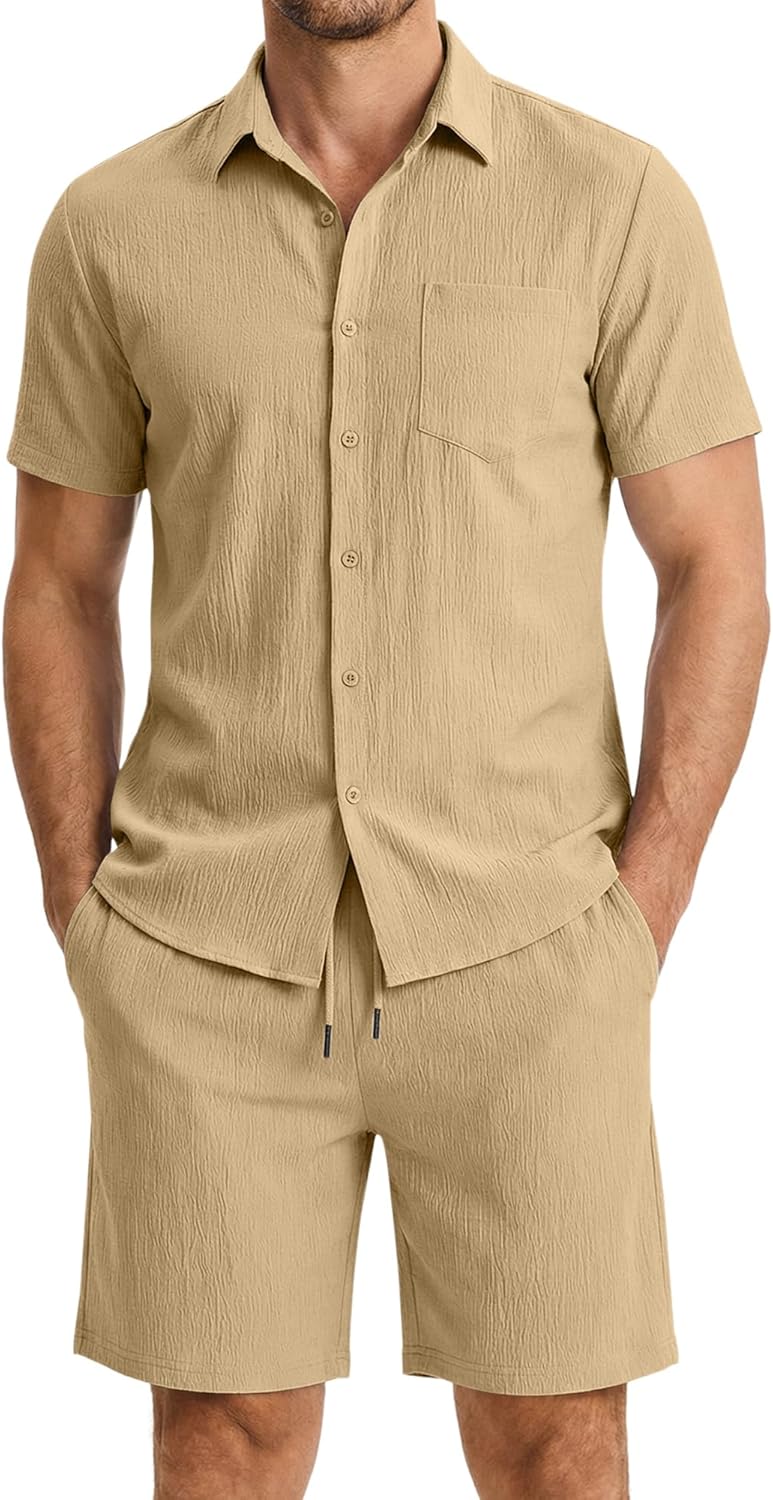 Mens 2 Piece Short Sets Short Sleeve Shirts and Shorts Summer Beach Vacation Texture Outfits