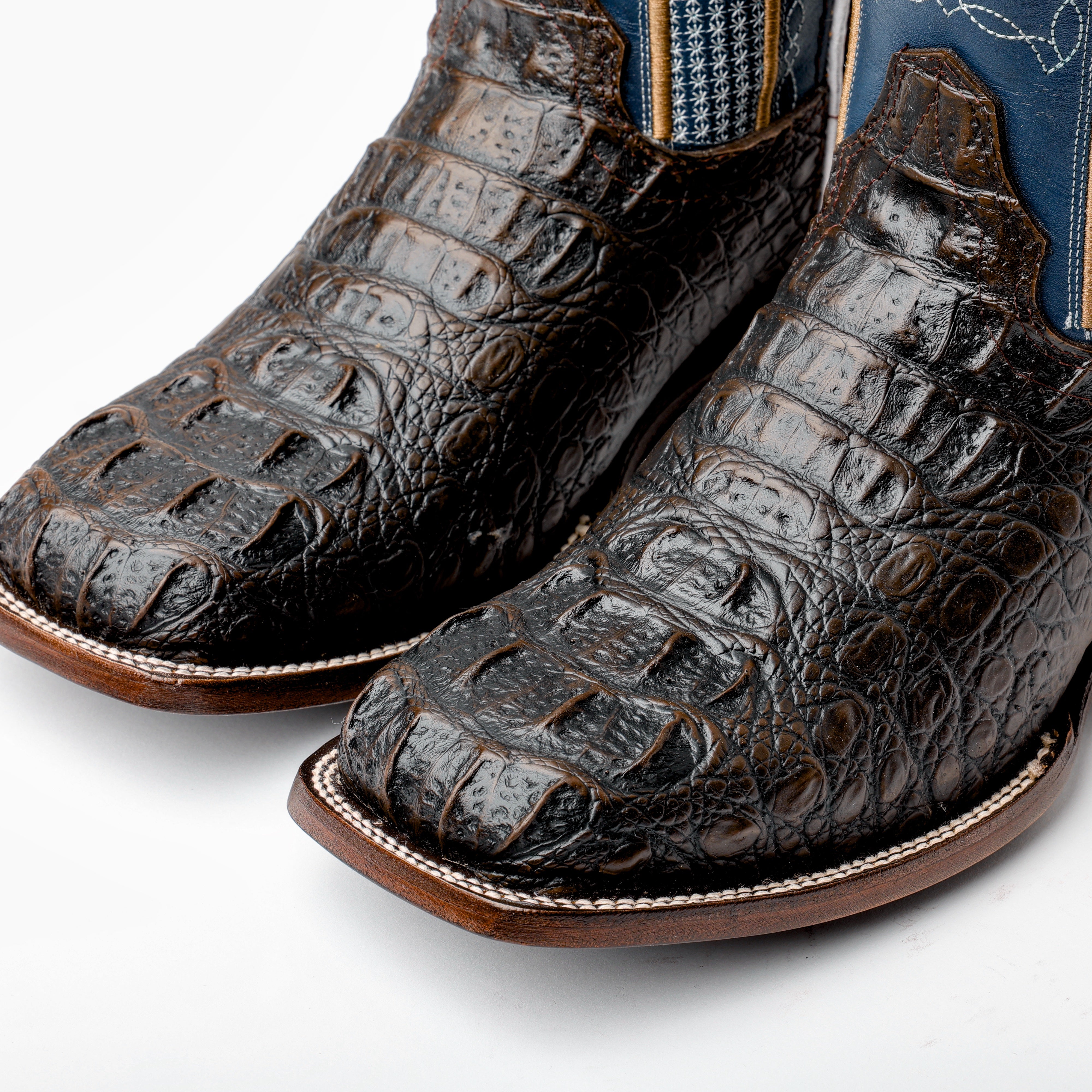 Dark Chocolate Caiman Neck Leather Boots - Square Toe