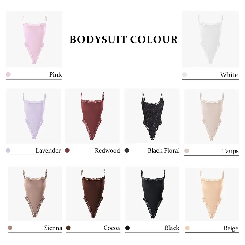 KatchMe Lace Series Women's Simple Style Spaghetti Strap Lace Trim Breathable Bodysuit