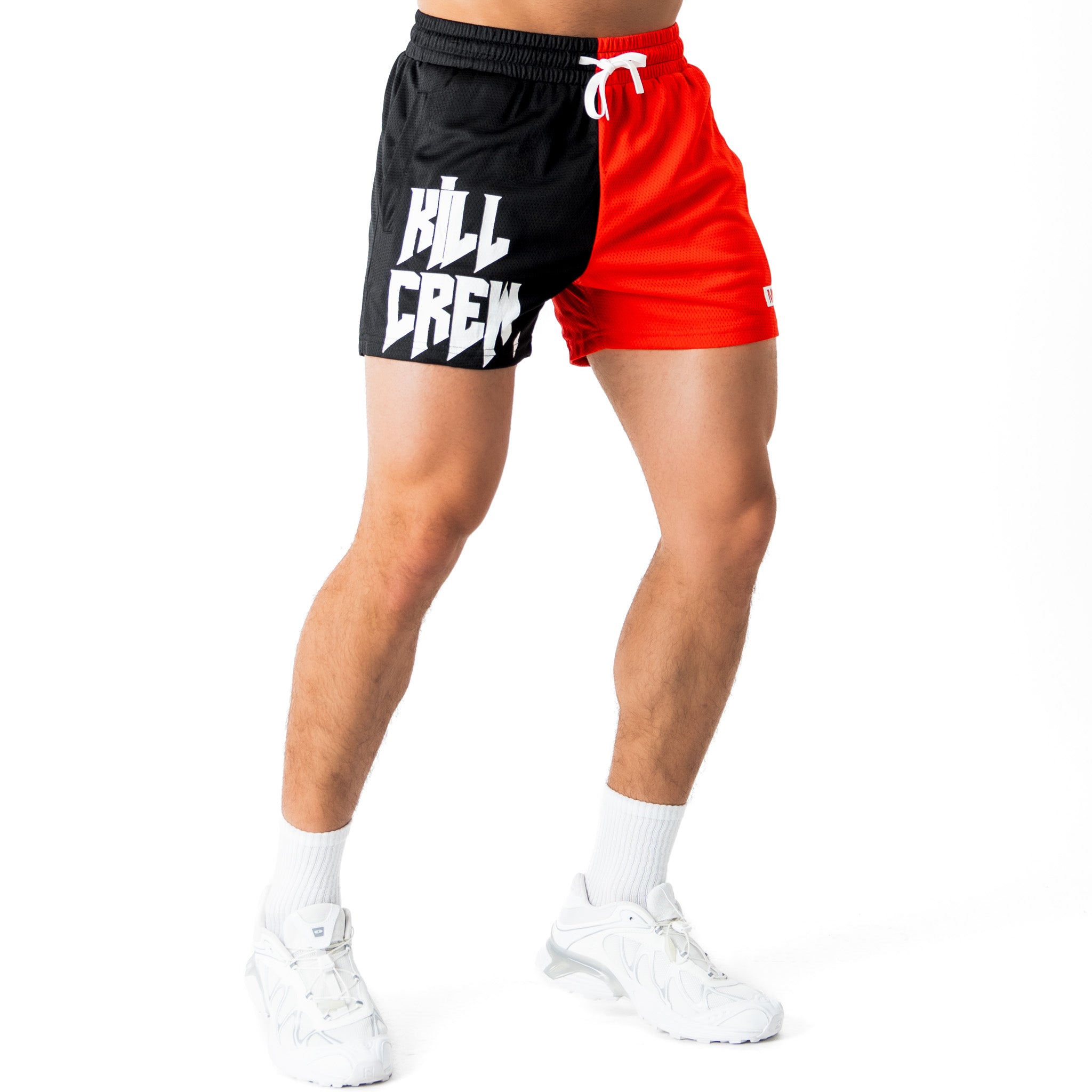 MUAY THAI SHORTS (MID THIGH CUT) 2 TONE - BLACK / RED