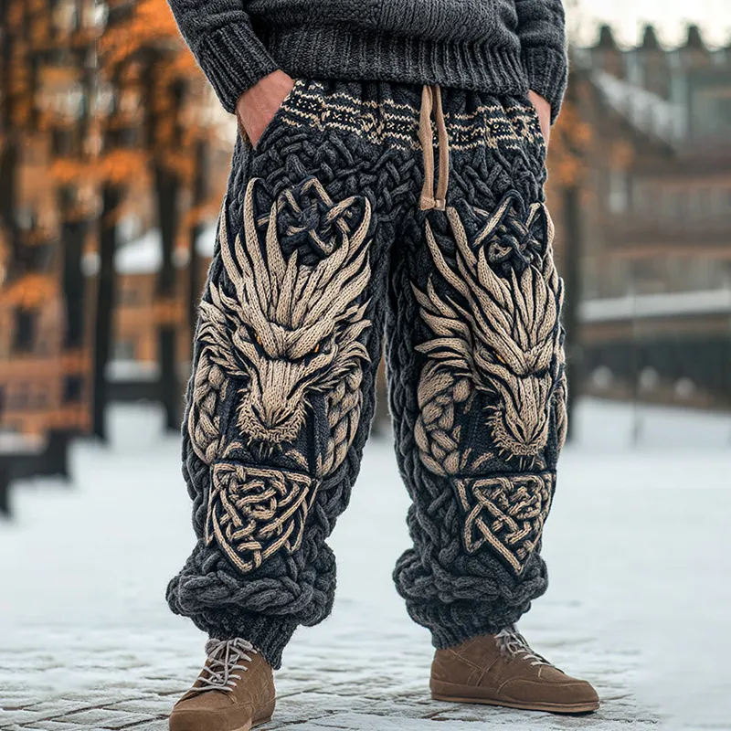 Men's Viking Dragon Celtic Knot Art Wide Leg Warm Knit Pants