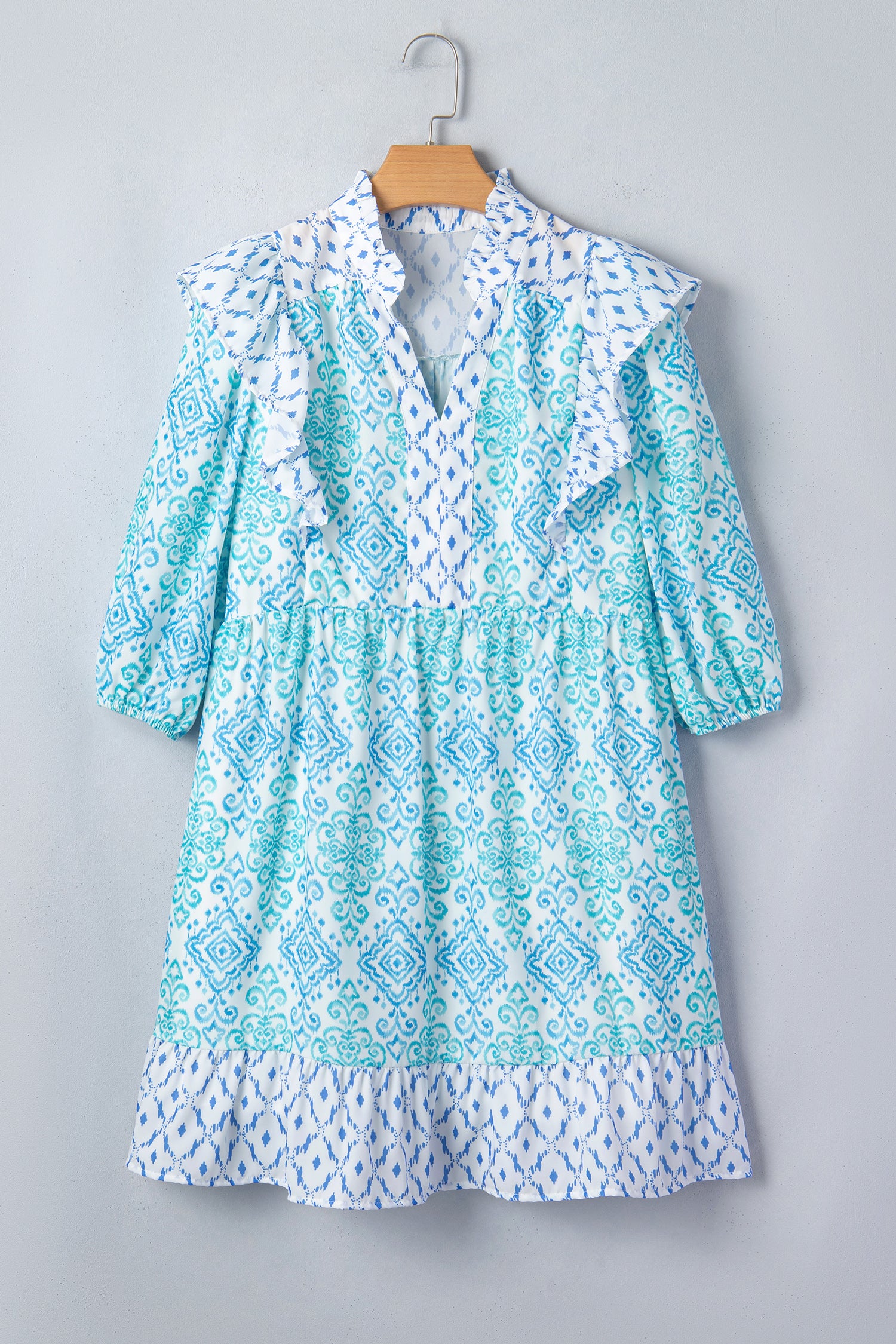 Sky Blue Boho Floral Geometric Patchwork Ruffle Detail Puff Sleeve Mini Dress