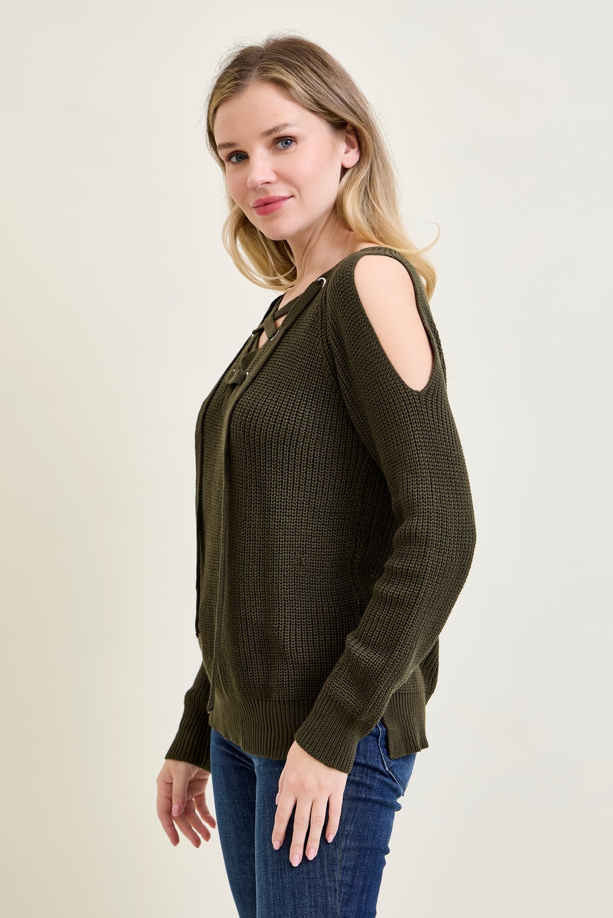 V-Neck Lace-Up Cold Shoulder Green Sweater