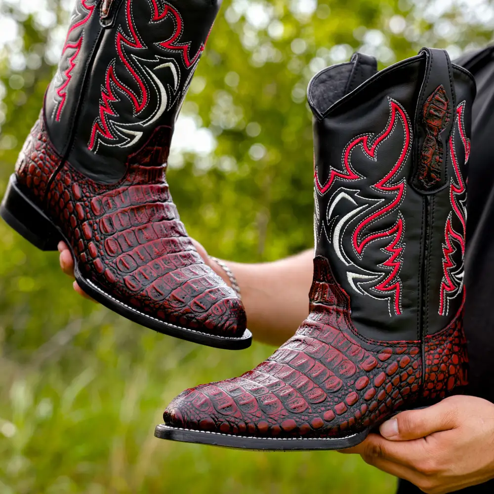 Black Cherry Caiman Hornback Leather Boots - Round Toe
