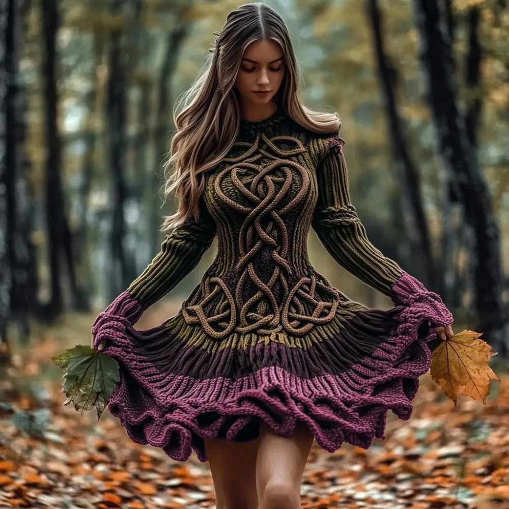 Women's Celtic Knotted Gradient Contrasting Colors Sweater Dress