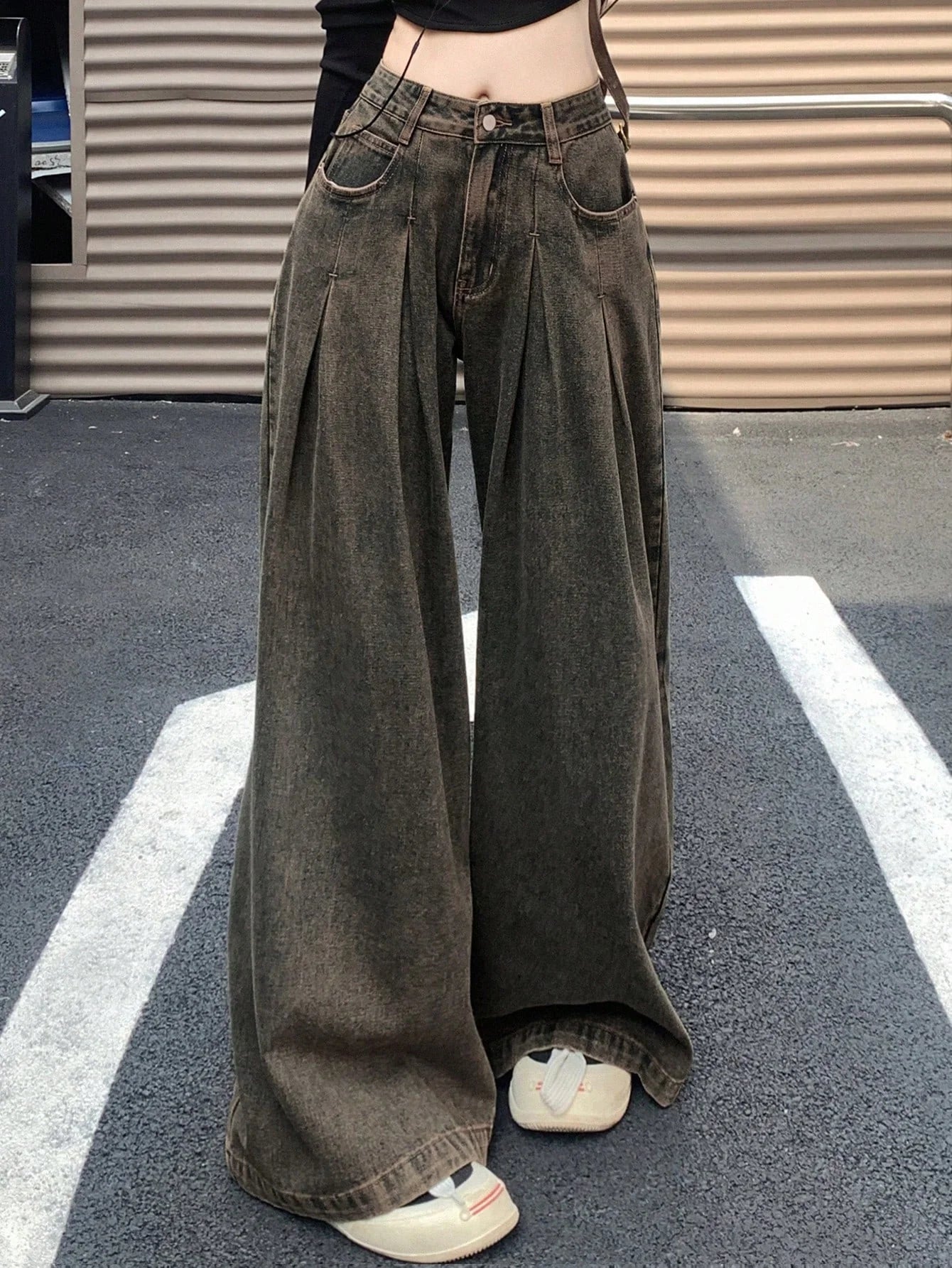 Rustic Cocoa Pleated Extra Wide Leg Jeans
