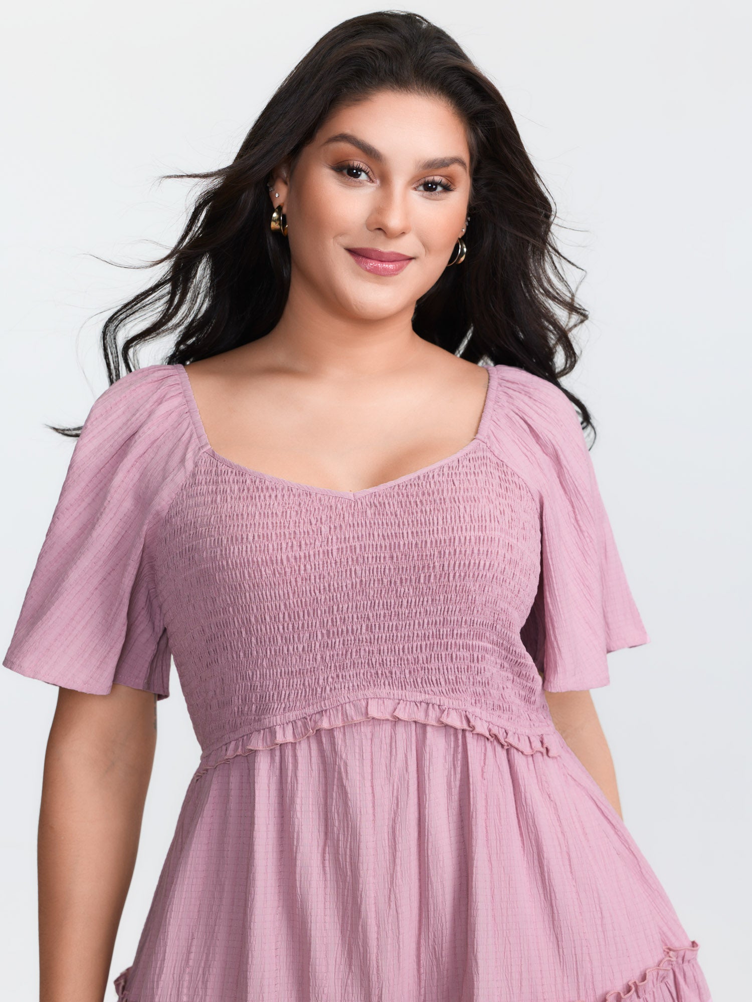 Shirred Bodice Flared Sleeve Pockets Mini Dress