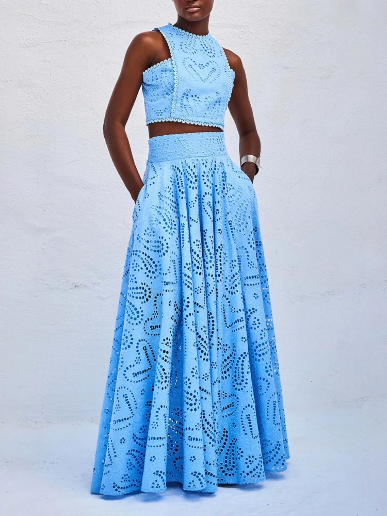 Eyelet Lace Top and Maxi Skirt Set