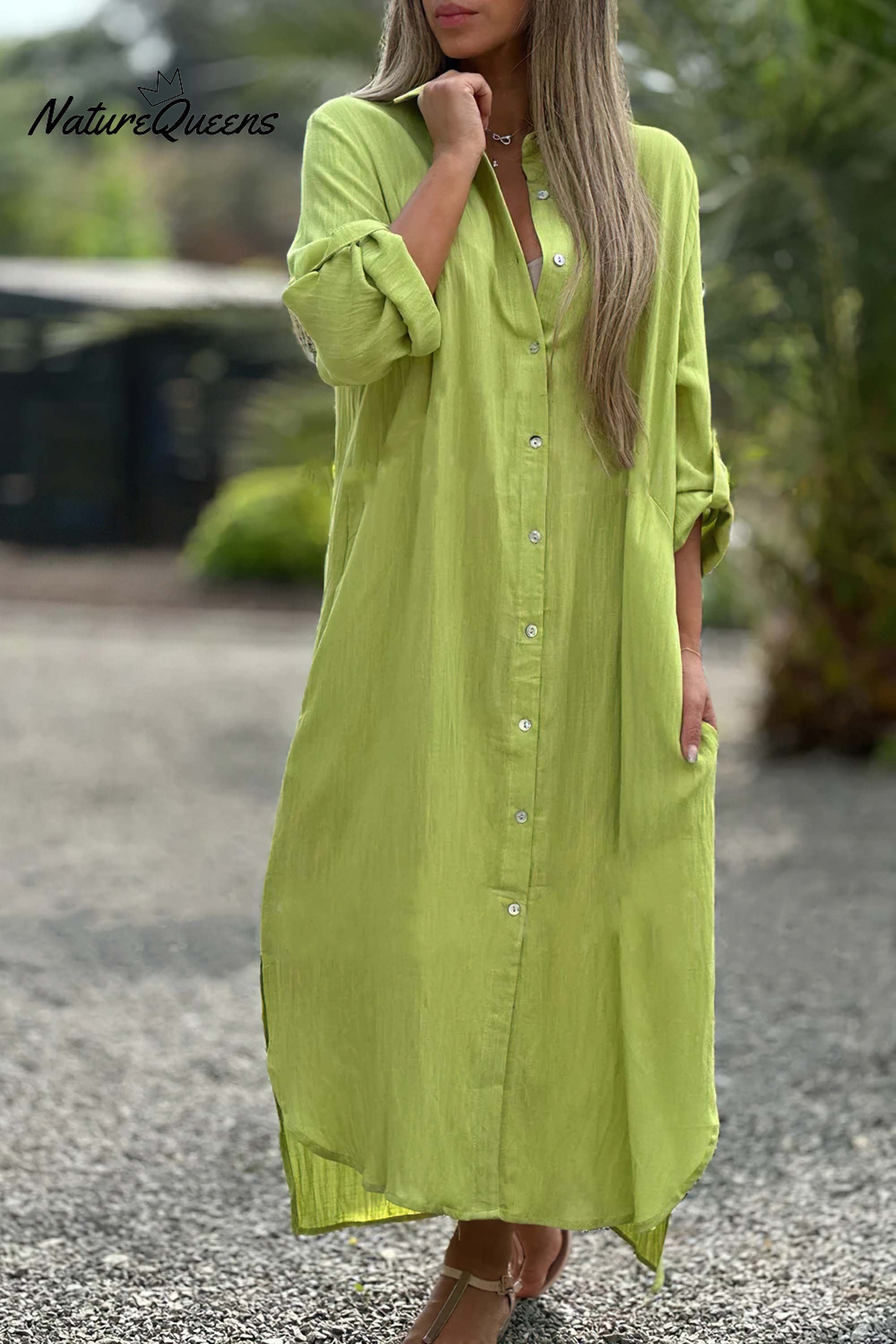 Long Sleeve Cardigan Cotton Linen Shirt Dress