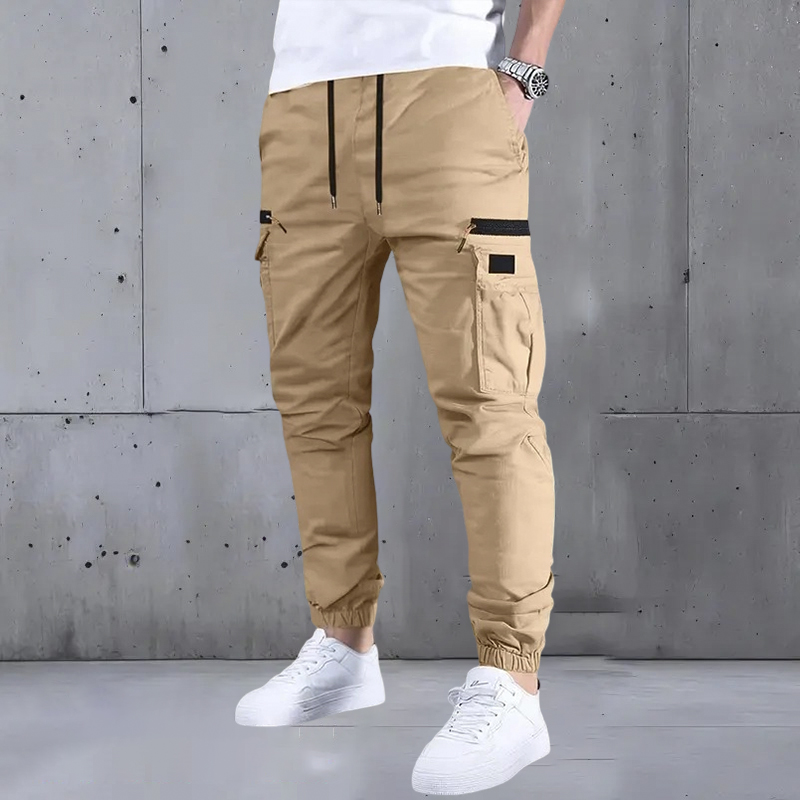Men’s long cargo pants with a drawstring waist and multiple pockets