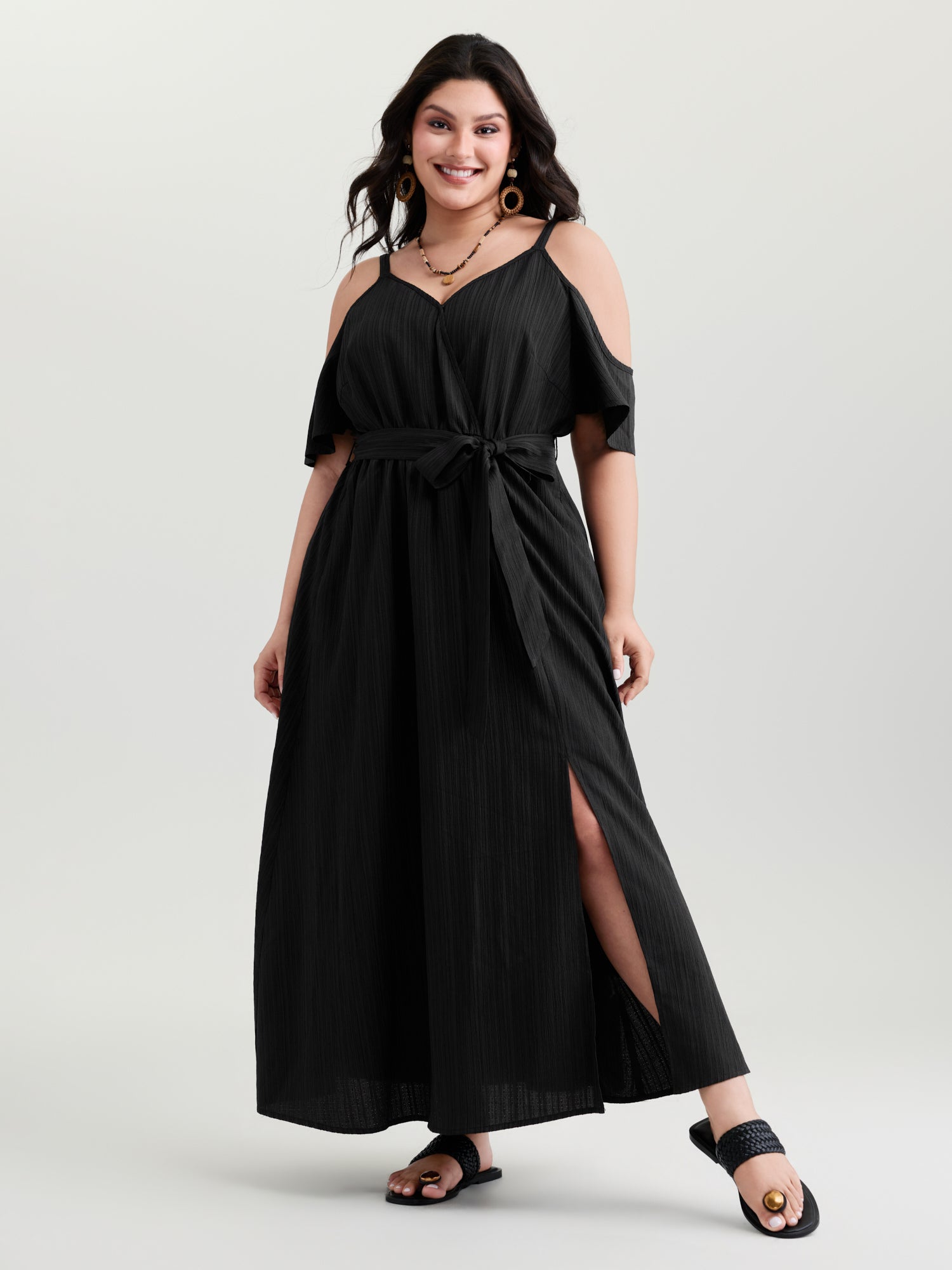 Off-Shoulder Textured Waist-Tie Maxi Dress