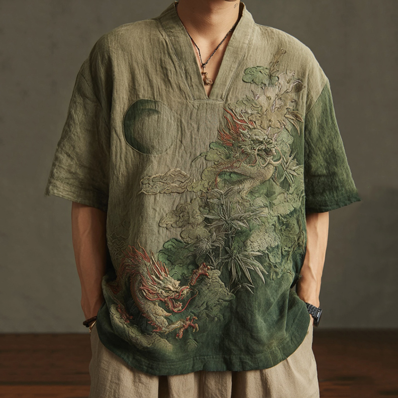 Men's Retro Landscape Embroidery Casual Short Sleeve Shirt