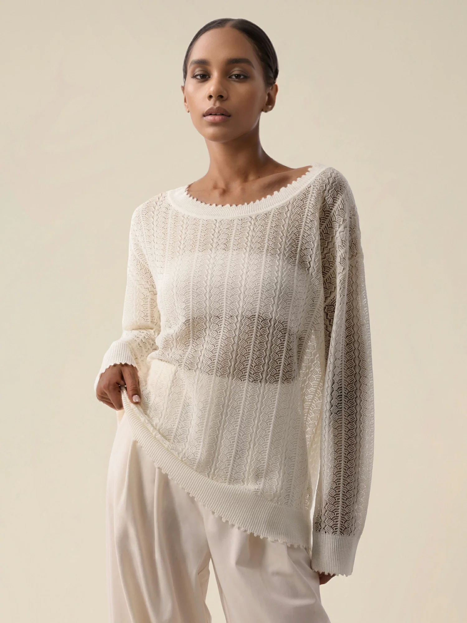 Linen & Lyocell Round Neck Hollow Top