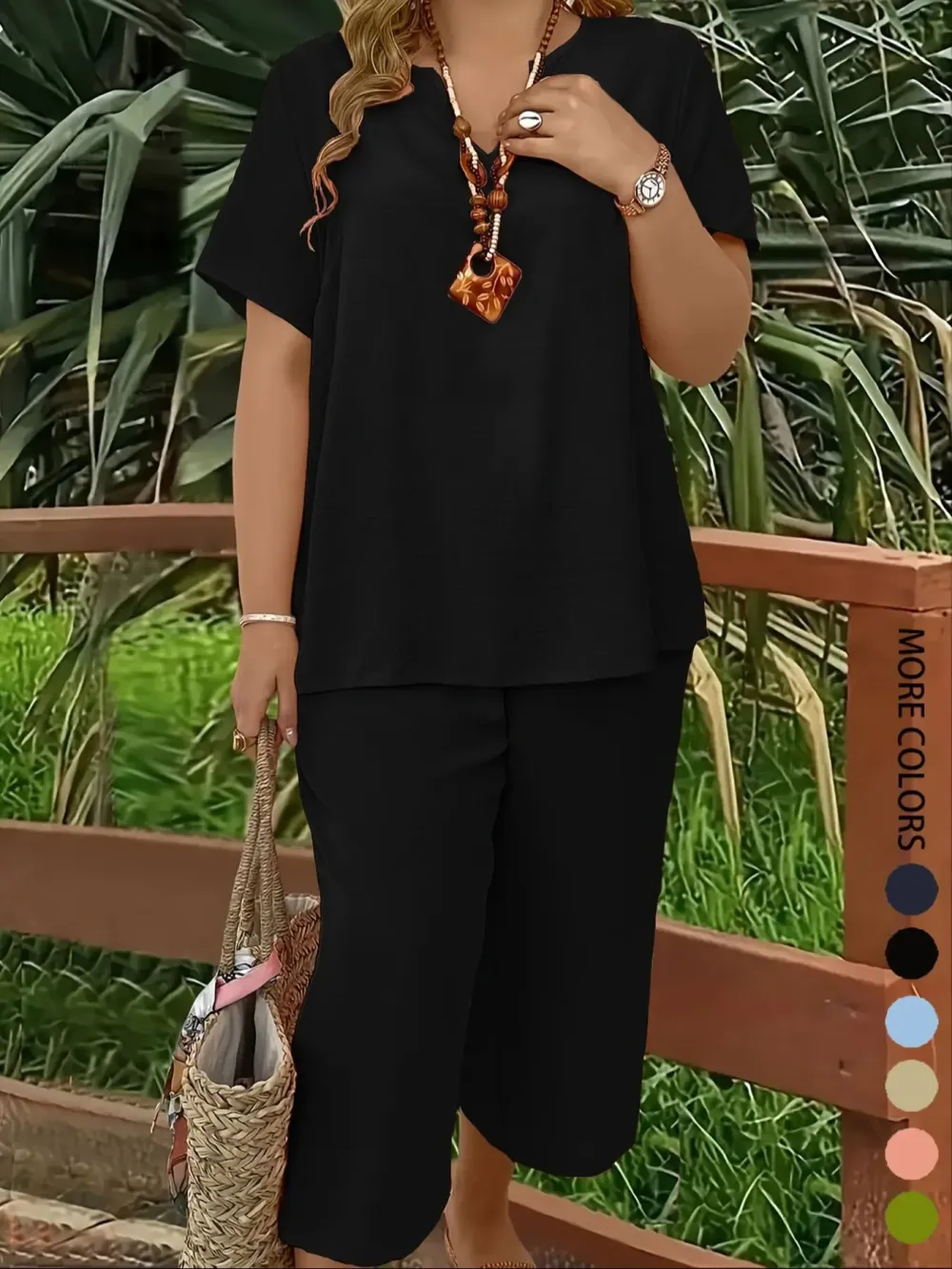 Women's Solid Color Short Sleeve Fashion Top & Casual Wide Leg Pants Set, Summer, Comfortable & Stylish