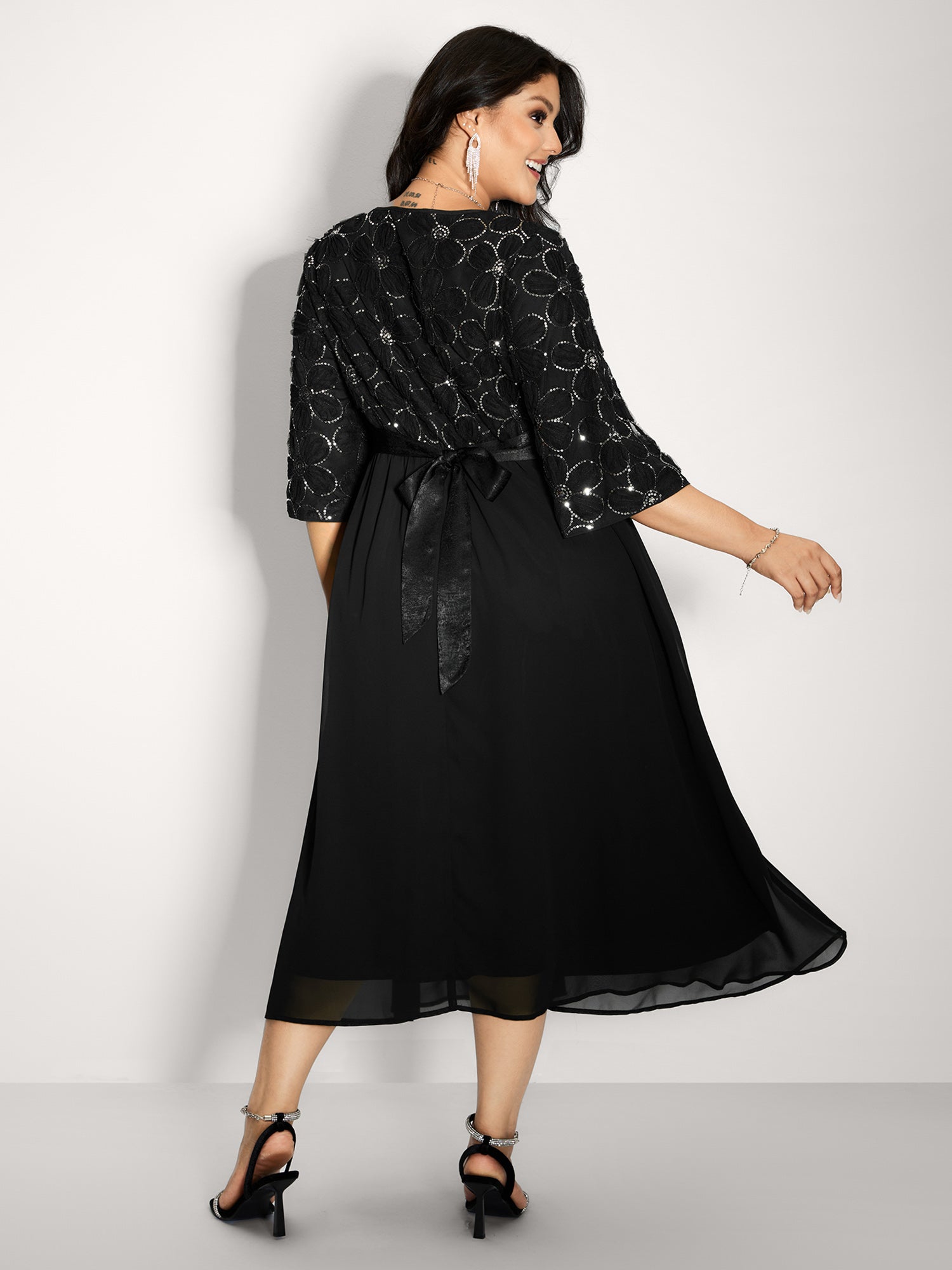 Sequin Floral Tulle Shirred Waist Midi Dress