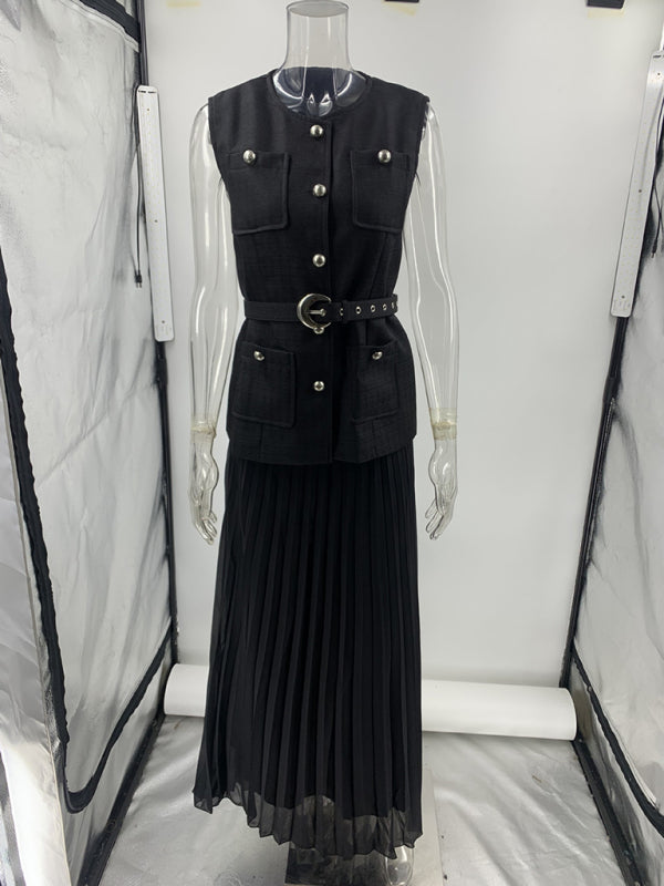 Sleeveless Chanel style vest vest mesh pleated skirt two-piece set