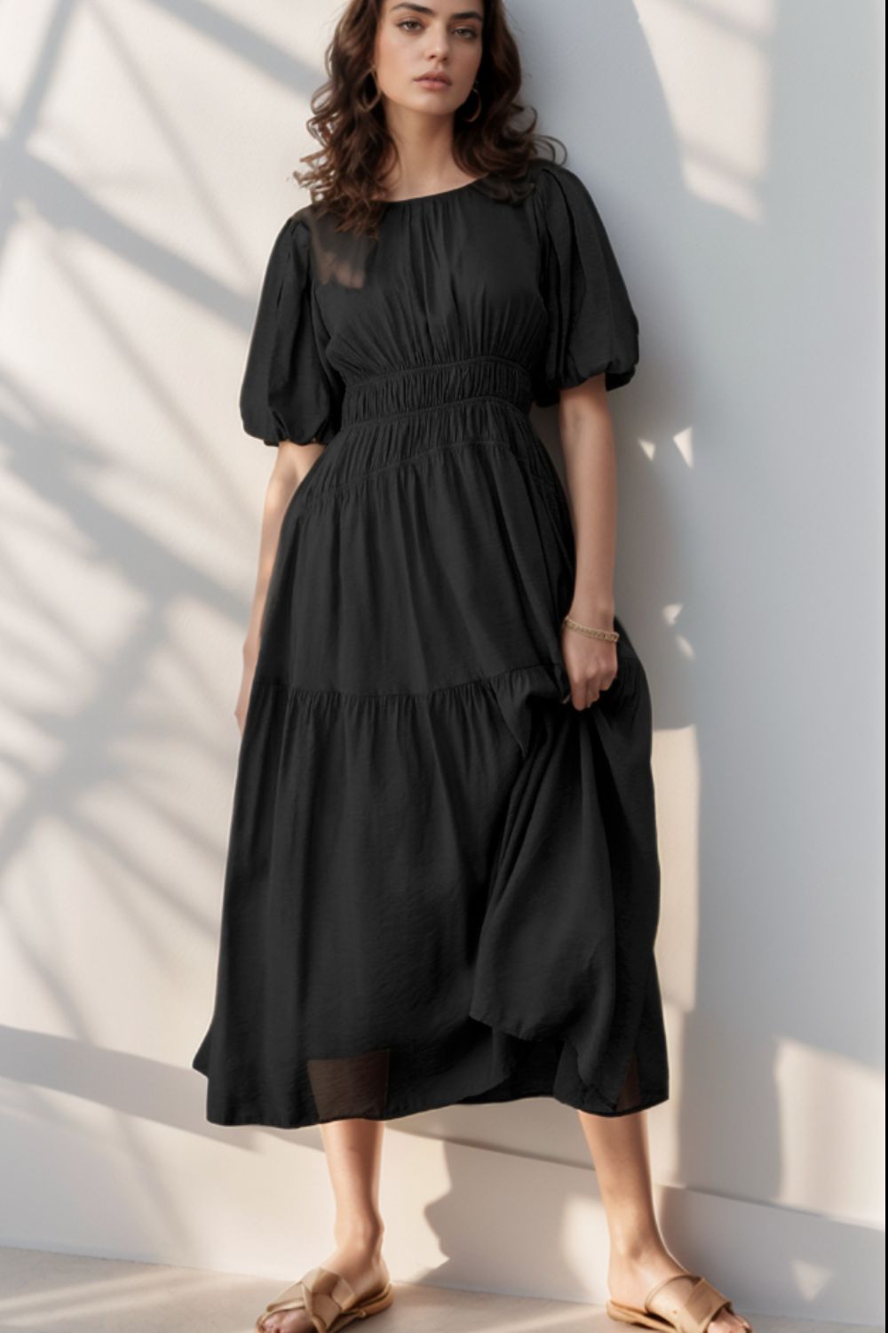 Puff Sleeve Pleated High Waist Flowy Midi Dress